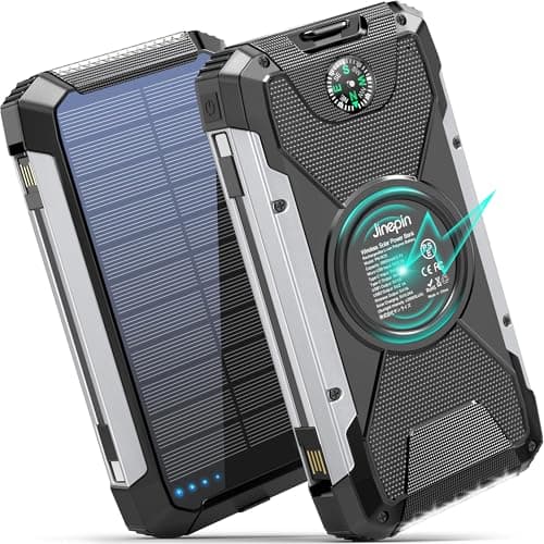 Jinepin Solar Charger Power Bank 38600mAh, Wireless Portable Charger Built in 3 Cables External Battery Pack Waterproof with 4 Outputs 2 Inputs USB C 15 W Powerbank with Camping Light Compass Grey - Image 1