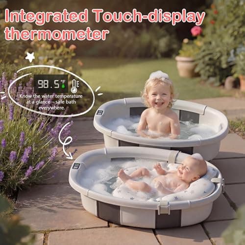 Collapsible Baby Bathtub - Large Baby Bath Tub with Thermometer | Bath Essential Bañera para Bebe Easy Fold Baby Tub | Travel Infant Newborn Toddler Bathtub for Baby Girl Boy 0 to 36 Months (Grey) - Thumbnail 5