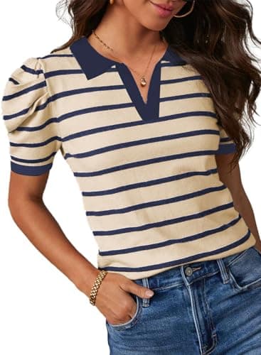 Dokotoo Going Out Tops for Women Trendy V Neck Stripes Puff Short Sleeve Shirts Collared T Shirt Business Casual Outfits for Womens Blouses Apricot Blue Striped Shirts Women Holiday Tops Clothing XXL - Image 1