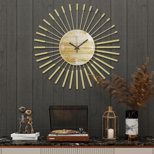 Anmotpe 23.6 inch Gold Starburst Wall Clock, Metal & Wood Mid Century Modern Decorative Clocks for Living Room Bedroom Kitchen Office - Image 1