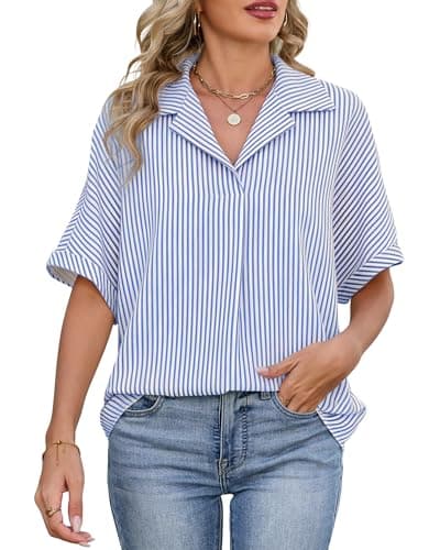 IEEILULU Womens Striped Collared Shirt Dressy Casual Short Sleeve Shirt Blouse Tops Oversized Business Work Shirts Blue and White Striped L - Image 1