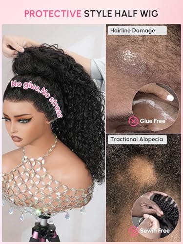 shangyinfa 28 Inch Water Wave Half Wig Human Hair | Glueless 3-In-1 Flip Over | 4C Edges Invisi Drawstring | 180 Density Tiny Leave-Out for 3B/3C | Pool-Ready | All-Day Protective Style - Thumbnail 6