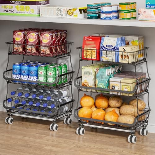 MJIMKE 3-Tier Rolling Cart with Wheels - Stackable Wire Baskets for Pantry Organization and Kitchen Storage, Floor & Countertop Fruit Organizers Vegetable Rack for Coffee Snack Onion Potato, Metal
