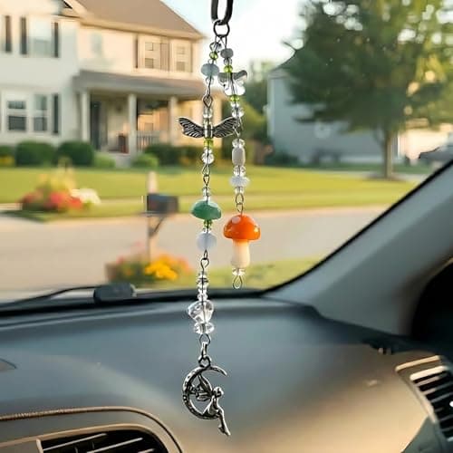 Mushroom Car Accessories for Women Cute Mushroom Car Hanging Ornament Boho Rear View Mirror Accessories Interior Car Decor Bag Charms Gifts for Women Girls (Orange) - Image 1