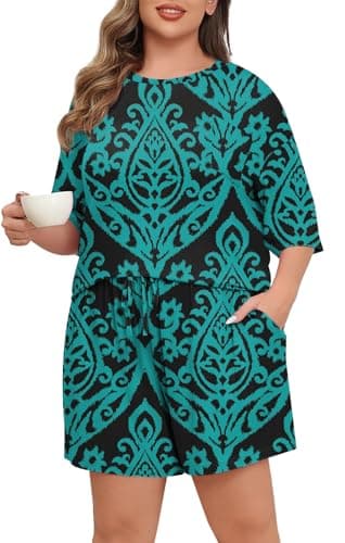 Lastshe Pajamas Set Women's Plus Size 2 Piece Soft Short Sleeve with Pockets Shorts Sleepwear Knit Pjs Loungewear Summer,Flower Green,2X - Thumbnail 4