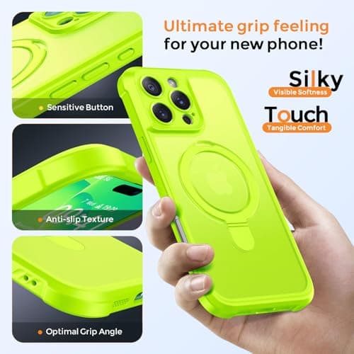 MOCCA Design for iPhone 16 Pro Max Case with Magnetic Invisible Stand [Full Camera Protection] [Compatible with Magsafe] Military Drop Shockproof Translucent Matte Case Cover 6.9",Fluorescent Green - Thumbnail 6