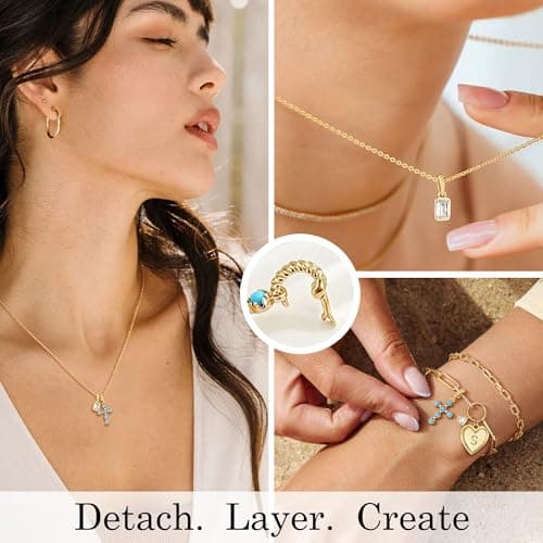 Fettero Gold Cross Necklace for Women - 14K Gold Plated Dainty Removable Turquoise Cross Pendant Charm CZ Gold Necklace for Women Trendy Faith Jewelry Christian Religious Gifts - Thumbnail 4