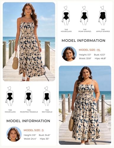 GRACE KARIN Summer Dresses for Women 2026 Vacation,Smocked Floral Maxi Dresses,Boho Beach Long Sundress Navy Flower XL - Thumbnail 6