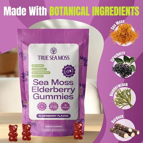 TrueSeaMoss Sea Moss Elderberry Gummies for Adults & Kids – with Burdock Root, Bladderwrack & Magnesium – 60 Gummies (Pouch May Vary) - Thumbnail 3