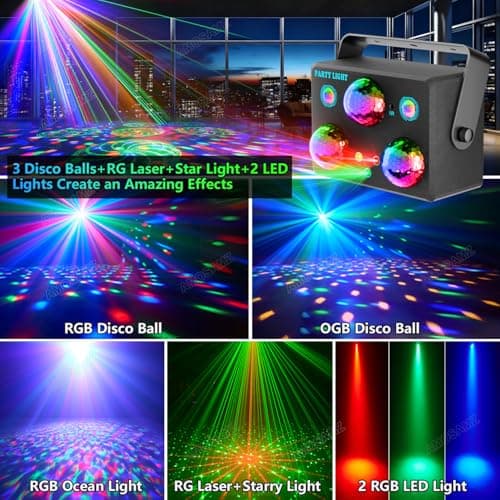 Disco Ball Party Lights,Pro 6 in 1 Disco Lights Sound Activated Dj Strobe with RGB&OGB Disco Balls,Laser Light Show,Ocean Lamp,Star Projector,2 RGB LEDs-Perfect for Disco Glow Party Rave Dance - Thumbnail 3