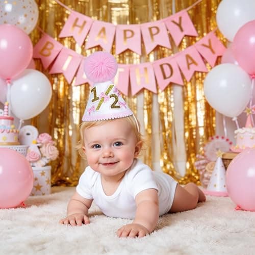UTOLOVE Handcrafted Felt Birthday Hat with Pompom - Adjustable Cone Hat for 1st, Half to 5th Birthday Party Decorations - Baby & Kids Celebration Photo Prop Crown- White&Pink - Thumbnail 3