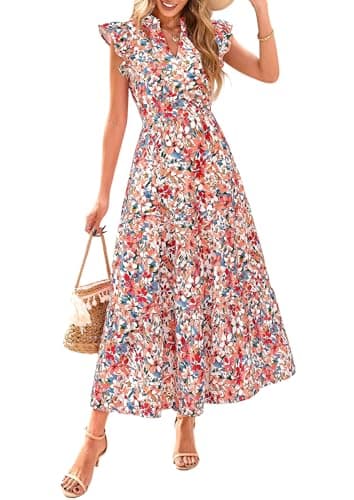 PRETTYGARDEN Women's 2026 Summer Floral Midi Dress Cap Sleeve V Neck Ruffle Long Flowy Boho Casual Beach Vacation Dresses (Floral Blue Orange,Small) - Image 1