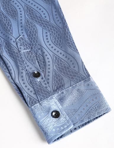 ZAFUL Mens Long Sleeve Shirts Button Up Solid Casual Jacquard Business Formal Silky Dress Shirt Blue S - Thumbnail 5