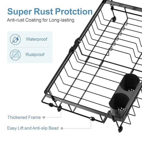 iSPECLE Expandable in Sink Dish Drying Rack with Cup Holder - Rust Resistant Adjustable Over The Sink Dish Drainer with Tightening Knob, Arms with Non Slip Rubber, Fits Sink 12.4"-17.1", Black - Thumbnail 5