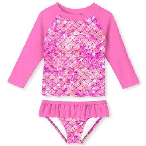 Funnycokid Size 9 Size 10 Girls Mermaid Rashguard Swimsuits Long Sleeve Bathing Suits Two Piece Swimwear Rash Guard Sets Kids Swim 9-10 Years - Image 1
