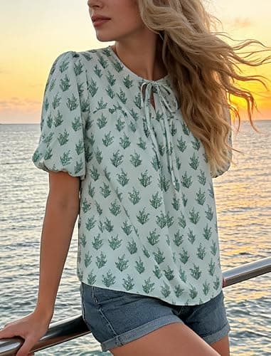 Belle Poque Green Floral Babydoll Tops for Women Short Puff Sleeve Tie Front Blouse Loose Fit 2026 Summer Boho Tops S - Thumbnail 2