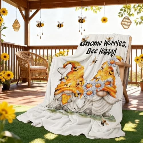 Ivarunner Birthday Gnome Blanket - Gnomes Gifts for Women, Spring Gnome Worries Bee Happy Throw Blanket for Gnome Lover, Mom, Adult, Birthday Easter Gifts, 60x50 Inch - Image 1