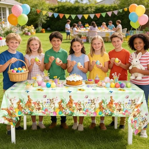 Accevo Easter Tablecloth 54 x 108 Inch Rectangle,2 Pack Easter Decorations, Disposable Plastic,Easter Bunny Table Cloth for Dining Room Spring Oblong Tablecloth Indoor Decor Party - Thumbnail 6