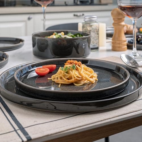 ALOFMO Stoneware Dinnerware Sets, Plates and Bowls Set for 4, 12-Piece Modern Stoneware Dinnerware – Chip Resistant, Non-Toxic, Dishwasher and Microwave Safe Tableware，Glossy Black - Thumbnail 6