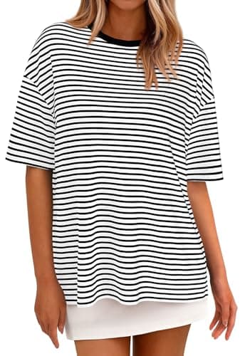 PRETTYGARDEN Short Sleeve Crew Neck Lightweight Ladies Tops and Blouses for Women Dressy Casual Striped Ribbed Spring Tops (White Striped, Medium) - Image 1