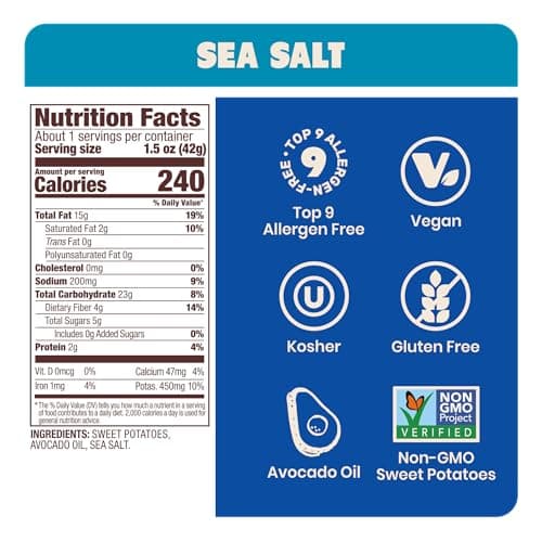 Jackson’s Sweet Potato Kettle Chips with Sea Salt made with Premium Avocado Oil (1.5 Ounce, Pack of 18) - Allergen-friendly, Gluten Free, Peanut Free, Vegan, Paleo Friendly - Shark Tank Product - Thumbnail 2