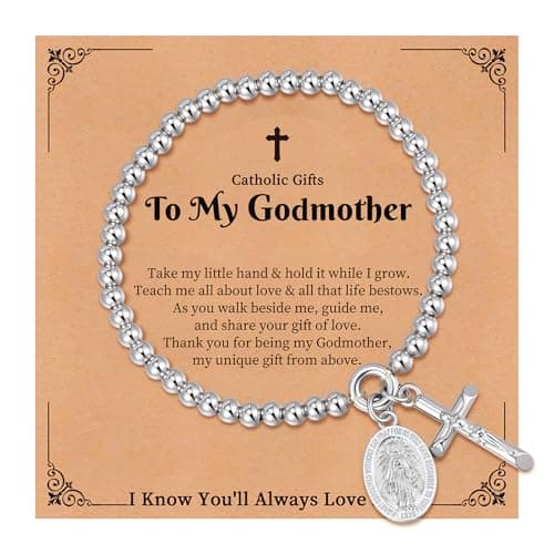 Goxygen Cross Virgin Mary Beaded Bracelet -14K Gold Plated Copper Stretch Bracelet, Dainty Elastic Bead Chain Gift for Her, Religious Jewelry for Baptism Confirmation Catholic（to My Godmother-Silver） - Image 1