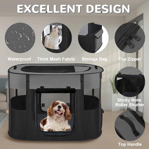Pet Dog Cat Playpen with Waterproof Pad,Portable Puppy Kitten Rabbit Crate and Other Small Animals Kennel Cage Tent for Indoor Outdoor Travel Camping,Water-Resistant Breathable Shade Cover (Grey S) - Thumbnail 4
