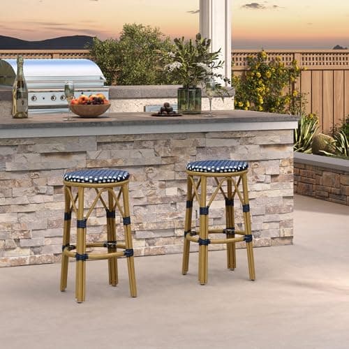 PURPLE LEAF Patio Round Counter Height Stool Set of 2 Outdoor Backless Barstools Aluminum Frame in Bamboo Finish with Navy Blue&White Woven Rattan for Indoor Kitchen Dining Bistros Cafe Restaurant - Image 1