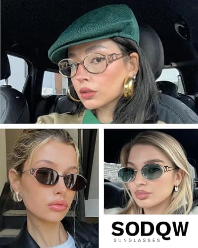SODQW Retro Oval Sunglasses for Women Trendy Metal Frame Round Designer Sun Glasses with Heart Accents UV Protection - Thumbnail 5