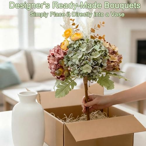 Lune cle Hydrangea Artificial Flowers Bouquet, Pre-Arranged Fake Flowers Bouquet with Ranunculus, Eucalyptus, Pampas, Real Touch Silk Flowers for Centerpiece Shelf Table Wedding Home Decor - Thumbnail 2