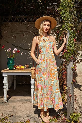 GRACE KARIN Women Crossover Halterneck Sleeveless Boho Summer Flowy Maxi Long Dress Greygreen XXL - Thumbnail 4