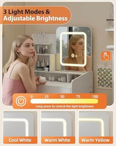 Favoduerme Small Makeup Vanity Desk for Girls with Lighted Mirror, 26.5” W Dressing Table with 2 Drawers and Power Outlet, 3 Light Modes & Adjustable Brightness, Vanity Table for Women Bedroom, White - Thumbnail 5