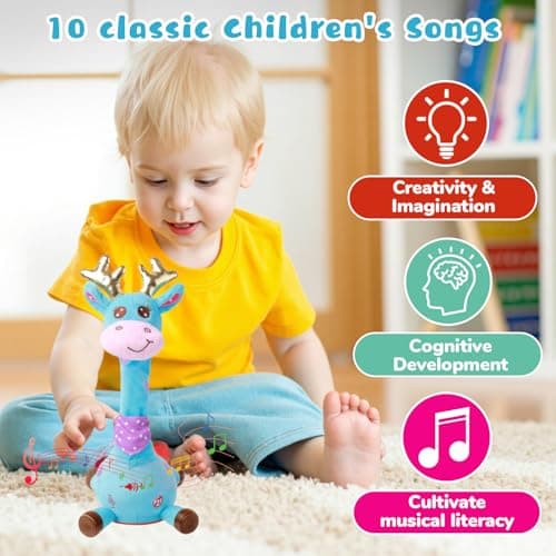 MIAODAM Dancing Talking Giraffe Stuffed Animal, Singing 10 Children's Song, Baby Toy Repeats What You Say, Christmas Colorful Glowing Giraffe Plush Interactive Toys for Toddlers 1-3 Year(Blue - Thumbnail 4