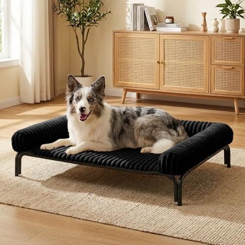 Elevated Dog Bed with Removable Fluffy Pillow Cushion, Raised Pet Cot Washable Bolster, Dog Couch Sofa, Anti Slip Feet, Breathable Mesh, Matte Black, 43"×32" - Image 1