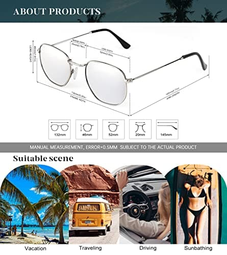 KALIYADI Sunglasses for Women and Men, Polarized Square UV Protection, Trendy Metal Frame Hexagon Sunglasses (Silver Frame Silver Lens) - Thumbnail 5