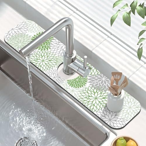 Findosom 2PCS 16" x 24" Dish Drying Mat & 24" x 5.5" Sink Splash Guard, Super Absorbent & Cuttable Dish Mat Drying Kitchen Mat with Green Floral, Hide Stain Drying Mat for Kitchen Counter - Thumbnail 3