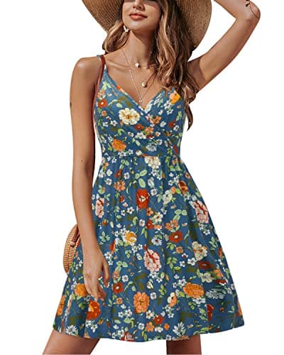 STYLEWORD Womens Summer Spring V Neck Dresses Sun Spaghetti Strap Petite Sundress Casual Beach Vacation Hawaiian with Pocket Cruise Outfits 2026(Floral42-412,XXL) - Image 1