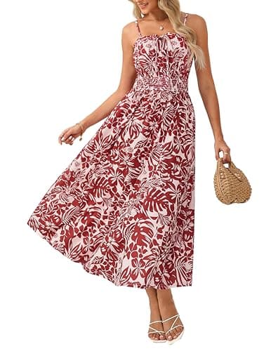 GRACE KARIN Womens Summer Clothes 2026 Boho Floral Maxi Long Dresses Spaghetti Straps Casual Beach Sundress with Pockets Red Floral S - Image 1