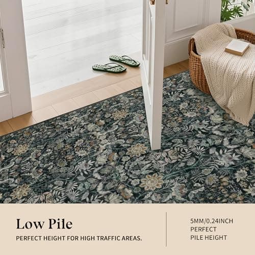 Luxcrest Green 2x10 Runner Rug: Vintage Floral Washable Rugs for Entryway Hallway Bedside Kitchen Indoor - Soft Non-Slip Stain Resistant Low Pile Carpet - Dark Green - Thumbnail 6
