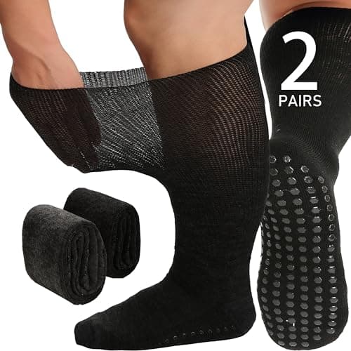 Forcool 2 Pairs Diabetic Socks for Men Women Swollen Feet Neuropathy Lymphedema Swelling Merino Wool Extra Wide Non-Binding Top, Non-Slip with Grippers, Loose-Fit Socks - Dark Gray+Black X-Large - Image 1