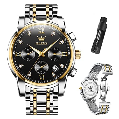 OLEVS Watch Men Black Face Gold and Silver Watches for Men Waterproof Stainless Steel Large Face Mens Watches Business Chronograph Analog Quartz Men's Wrist Watch Dress Two Tone Reloj para Hombre - Image 1