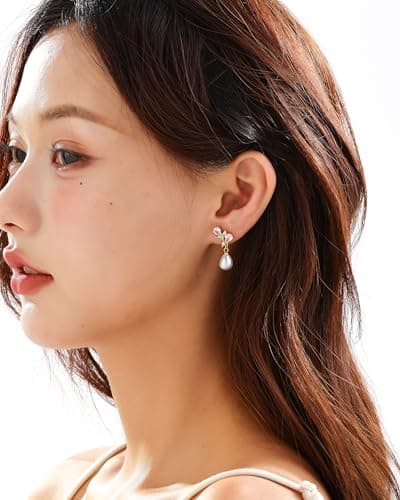 Pearl Earrings for Women, 14k Gold Plated Trendy Cubic Zirconia Pearl Drop Earrings Bridal Shower Gifts for Wedding Party - Thumbnail 3
