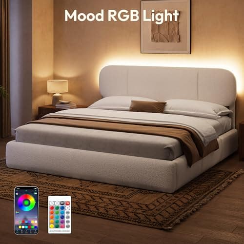 Uteeran King Size Bed Frame with Storage, Boucle Cloud Bed with 4 Locking Drawers & LED Lights, Modern Upholstered Platform Bed, Plush Sides & Footboard, Adjustable Headboard, No Box Spring, White - Thumbnail 3