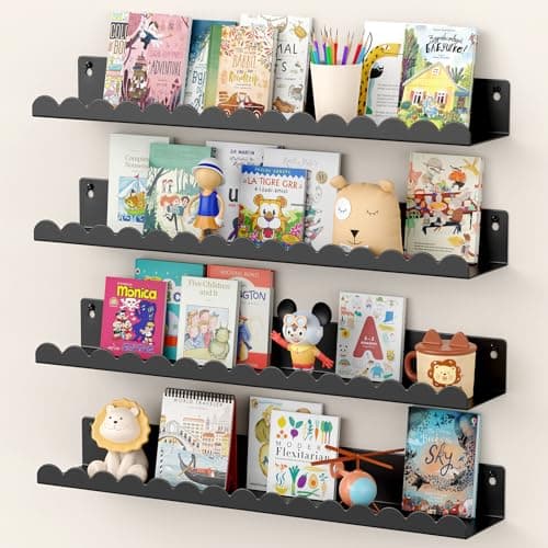 Gattlukd Floating Shelves for Wall, 23 Inch Metal Nursery Book Shelves 4 Pack, Wall Mounted Book Shelf for Kids Room, Bedroom, Bathroom, Playroom Decor (Black) - Image 1