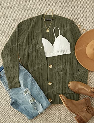 MEROKEETY Cardigan Sweater for Women 2026 Fall Winter Spring Cable Knit Button Up Open Front Long Sleeve Coat,ArmyGreen,XXL - Thumbnail 6
