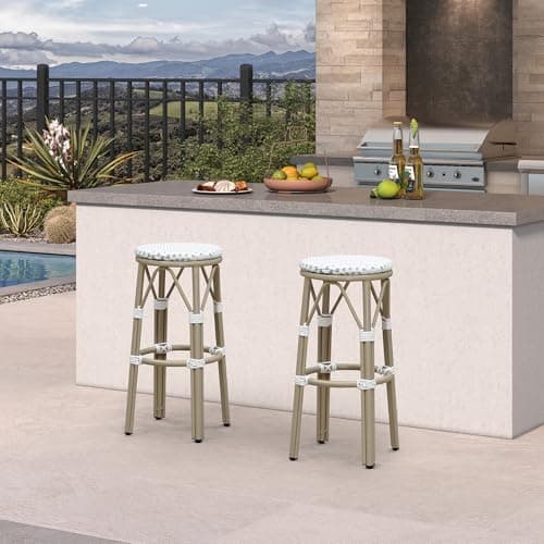 PURPLE LEAF Outdoor Round Bar Height Stool Set of 2 Patio Backless Barstools Aluminum Frame in Champagne Finish with White & Gray Woven Rattan for Indoor Kitchen Dining Bistros Cafe Restaurant - Image 1