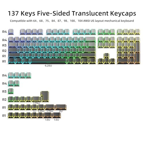 XVX Shine Through PBT Keycaps, Gradient Gray Keyboard Keycaps Cherry Profile, Custom Side Printed Keycap Sets Suitable for 60% 65% 75% 80% 100% Mechanical Keyboard - Thumbnail 5