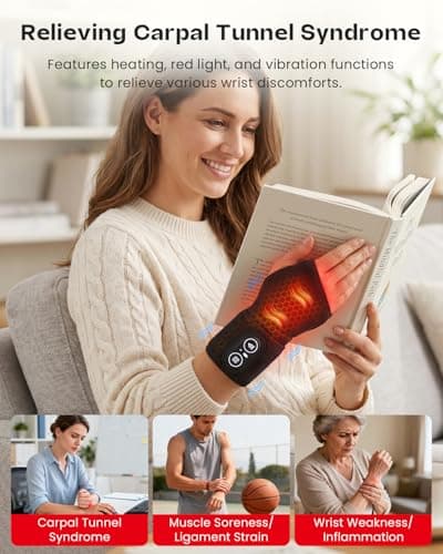 Voluart Carpal Tunnel Wrist Brace Heating Pad, Red Light Therapy for Hands 36 LED, Hand Massager with Heat, Cordless Heated Wrist Wrap 660-850nm, 3 Heat & Vibration Levels for Relief & Relax, Black - Thumbnail 3