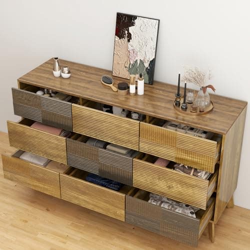 SIDUCAL 9 Drawer Dresser for Bedroom, 55'' W Modern Fluted Dressers TV Stand with Handleless, Wood Tall Dressers Storage Organizer, Wide Chest of Drawers for Bedroom, Dresser for Living Room - Thumbnail 5