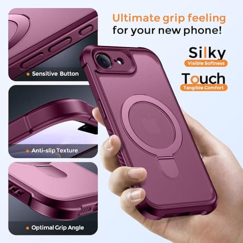 MOCCA for iPhone 17e Case & iPhone 16e Case with Magnetic Invisible Stand [Full Camera Protection][Compatible with Magsafe] Military Drop Shockproof Translucent Matte Phone Case Cover 6.1",Wine Red - Thumbnail 6
